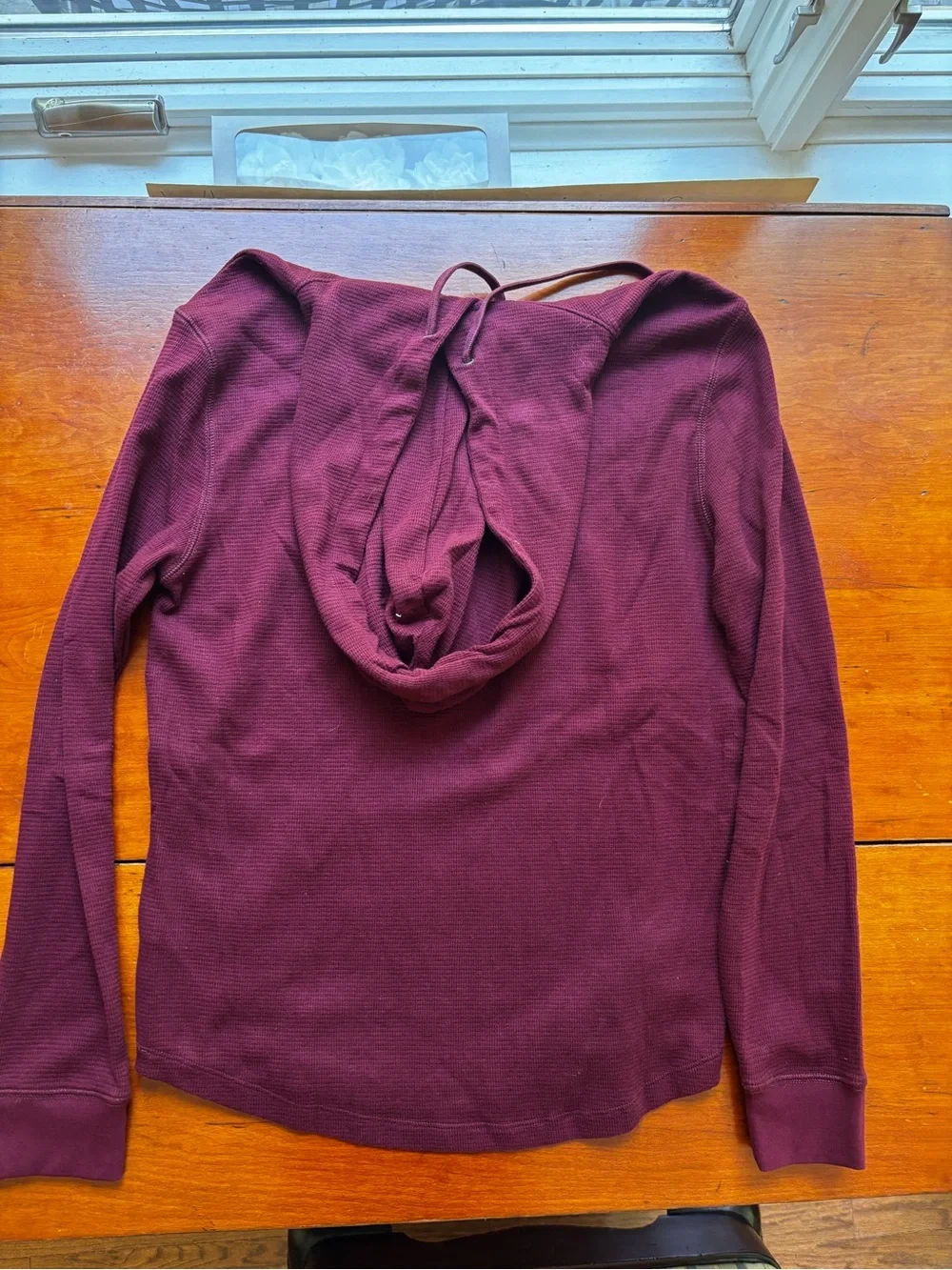American Eagle Burgundy Thermal Hoodie Waffle Knit Long Sleeve Size Small